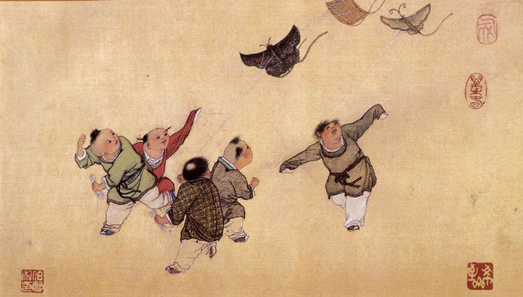 Pintura antigua china de personas utilizando cometas.