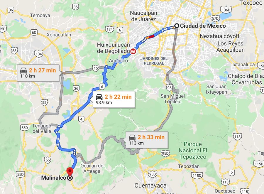 Mapa de la ruta Ciudad de México - Malinalco.